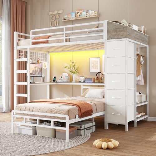 Twin Over Twin L-Shaped Bunk Bed with Desk, 5 Storage Drawers, Guardrail & Stairs, Black C5794
