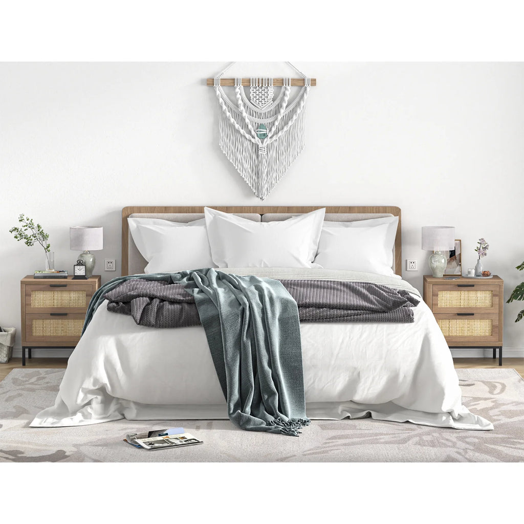 Modern Farmhouse 2 Rattan Drawer Wood Nightstand E959