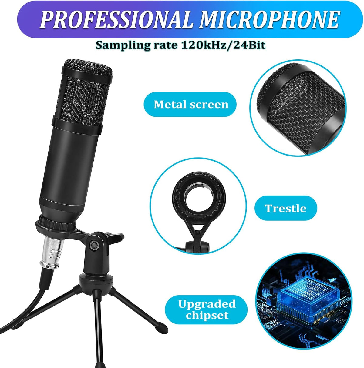 Podcast Equipment Bundle, Audio Interface with DJ Mixer and Sound Card, Cardioid Microphone, Portable Mixer Audio, Pack of 2 W53694