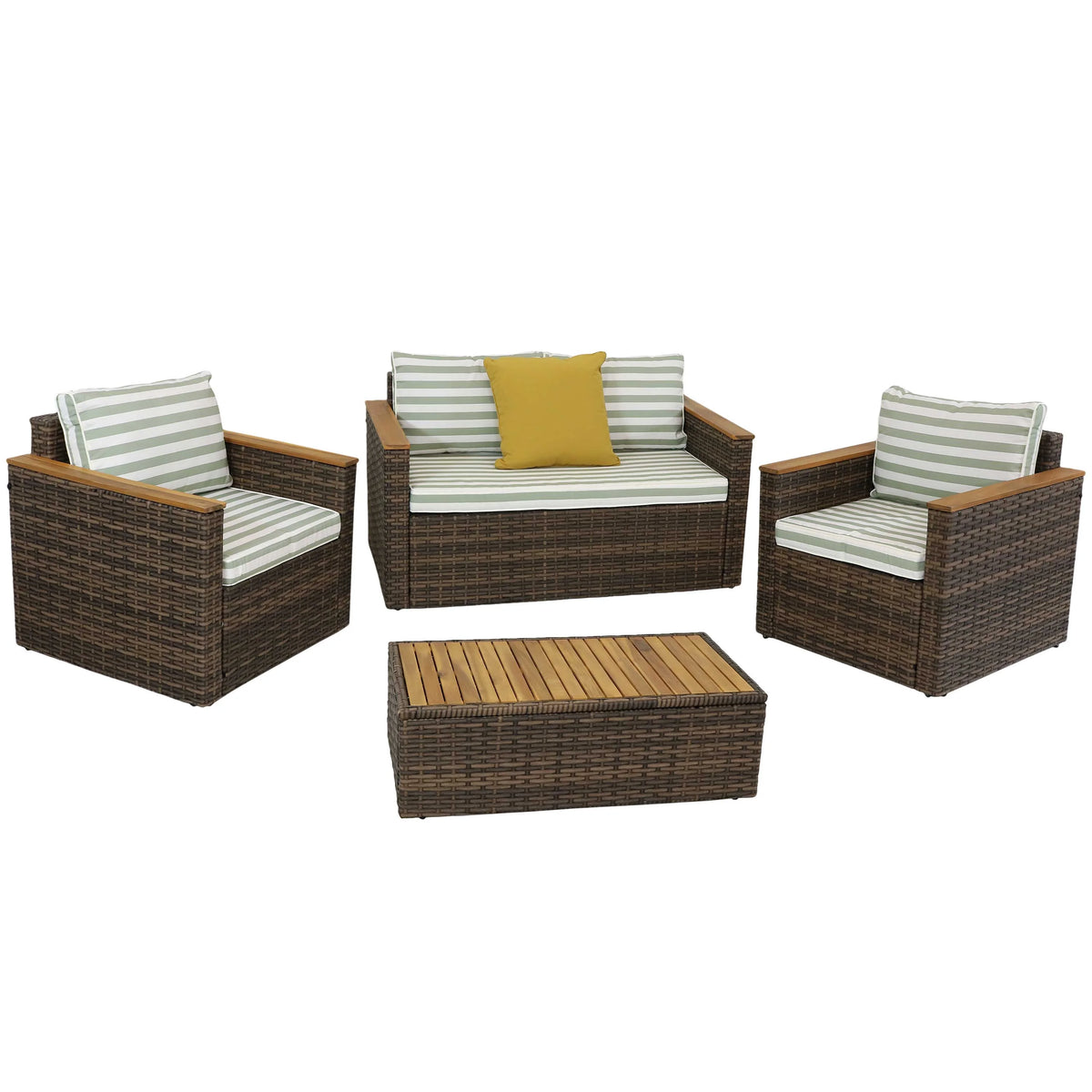 Rattan and Acacia Wood 4pc Patio Conversation Furniture Set with Cushions X2436