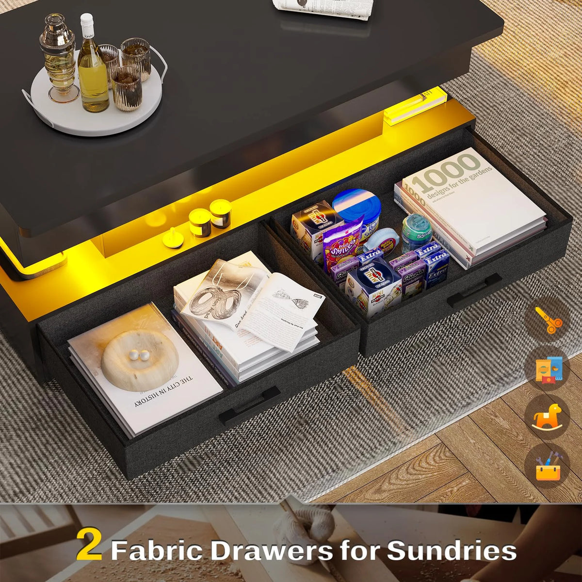 40" Lift Top Coffee Table with Storage and 2 Fabric Drawers N99202
