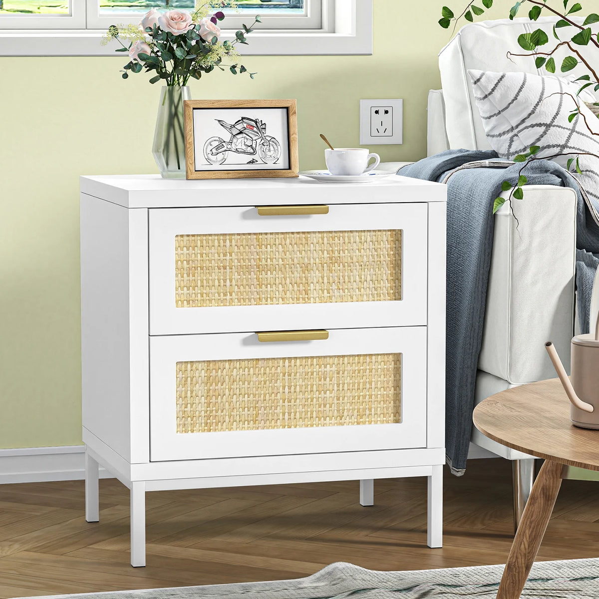 Modern Farmhouse 2 Rattan Drawer Wood Nightstand E959