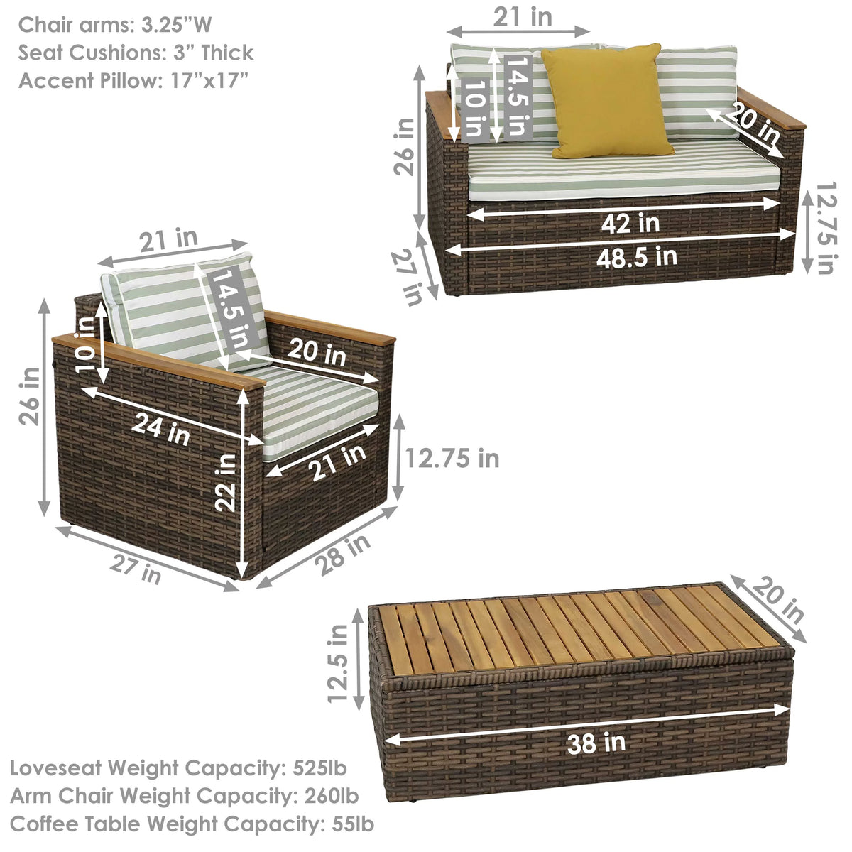 Rattan and Acacia Wood 4pc Patio Conversation Furniture Set with Cushions X2436