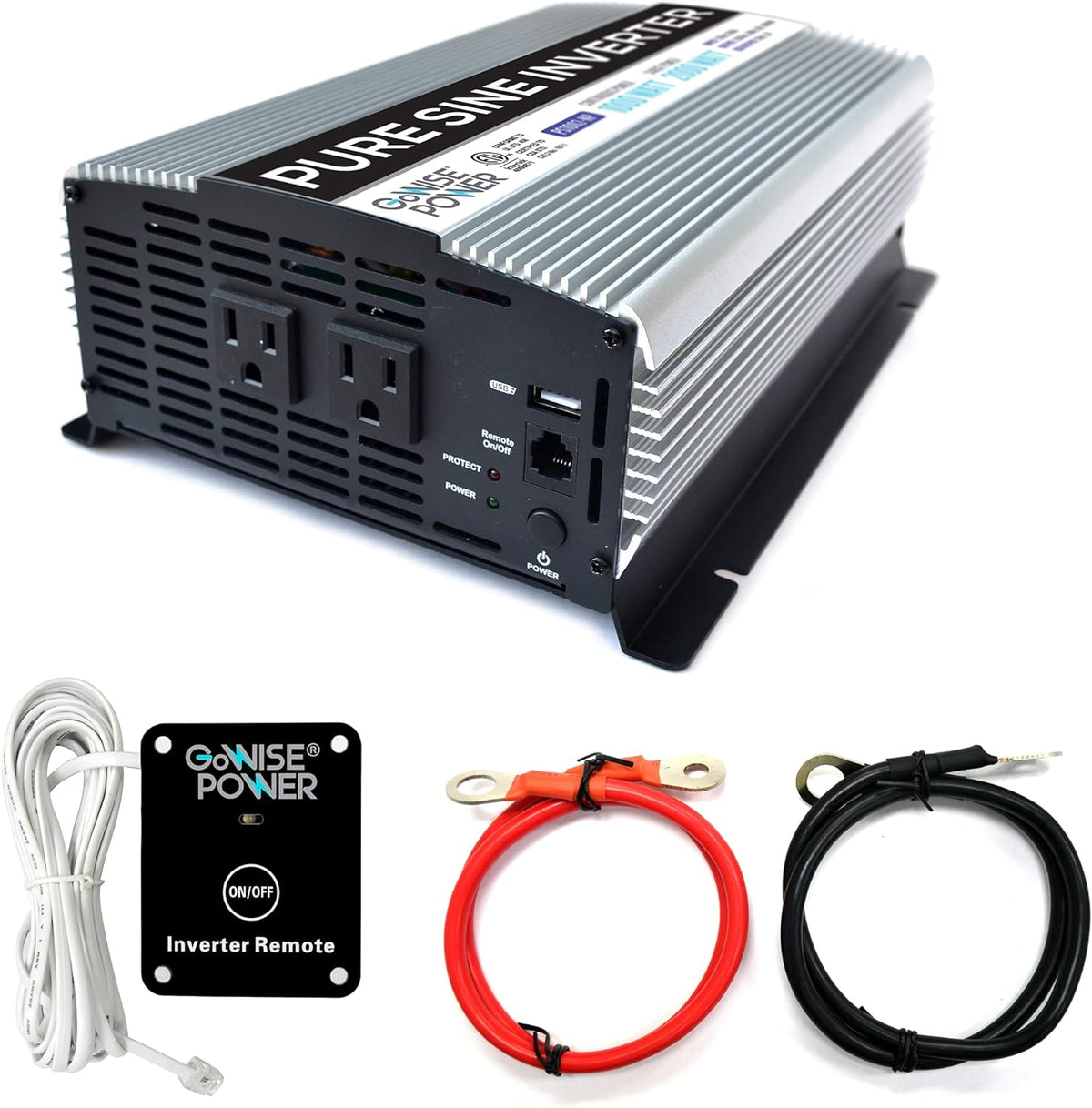 1000W Pure Sine Wave Inverter 12V DC to 120V AC with 2 AC Outlets and USB Port L1114
