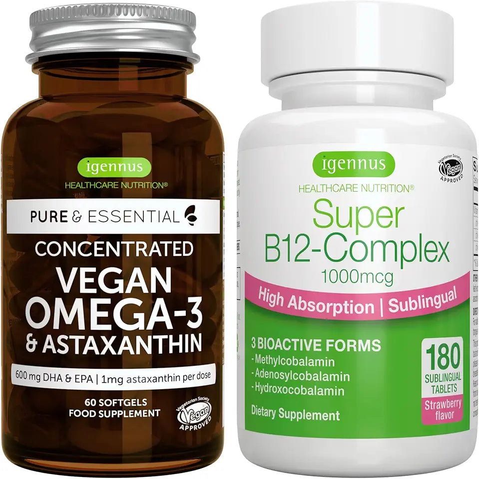Vegan Omega-3 + B12-Complex 1000mcg Bundle, EPA & DHA Algae Oil 1340mg Sublingual Vitamin B12 O1909