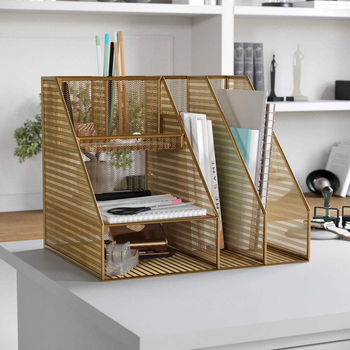 Gold Mesh Metal Desktop Organizer with Magazine File Holder N5054