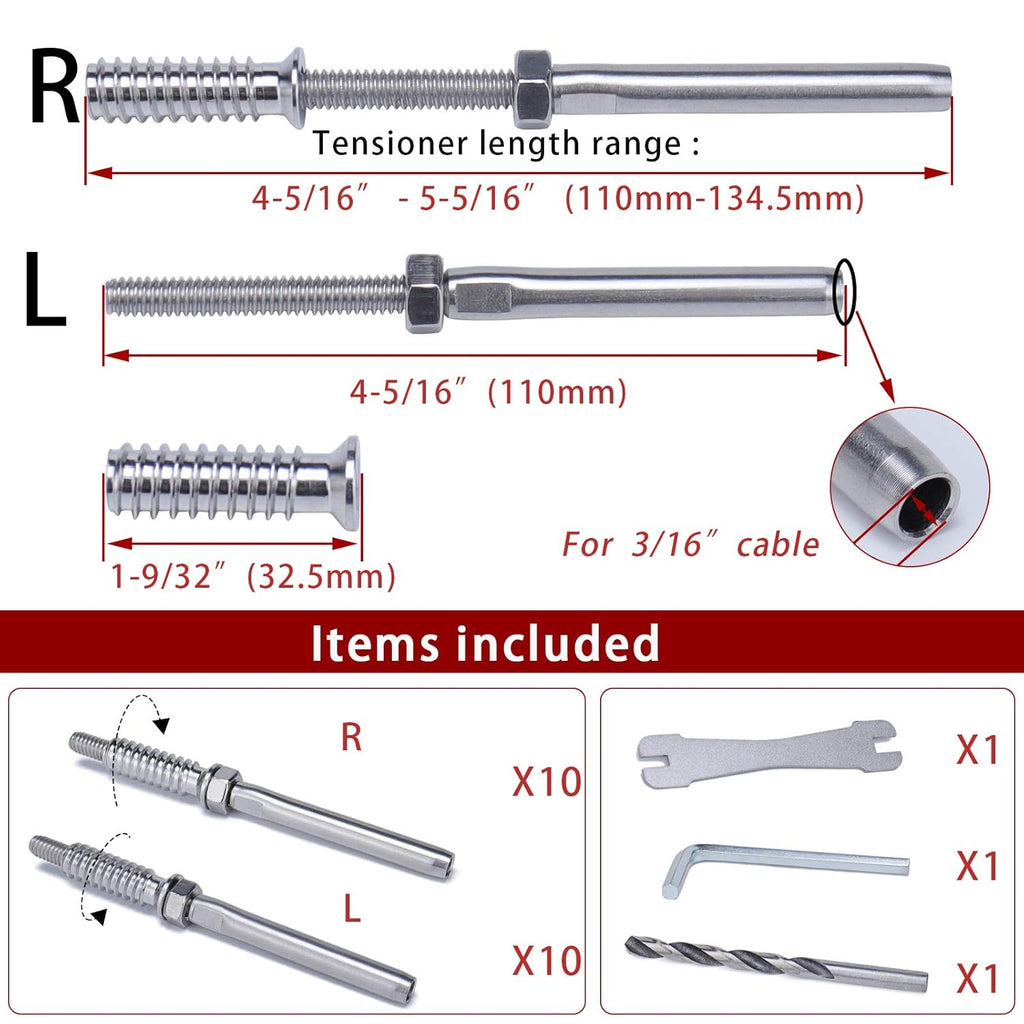 10Pair 3/16 T316 Stainless Steel Cable Railing Kit R431