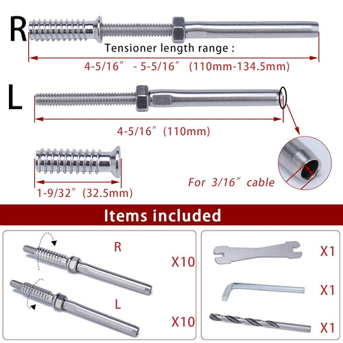 10Pair 3/16 T316 Stainless Steel Cable Railing Kit R431