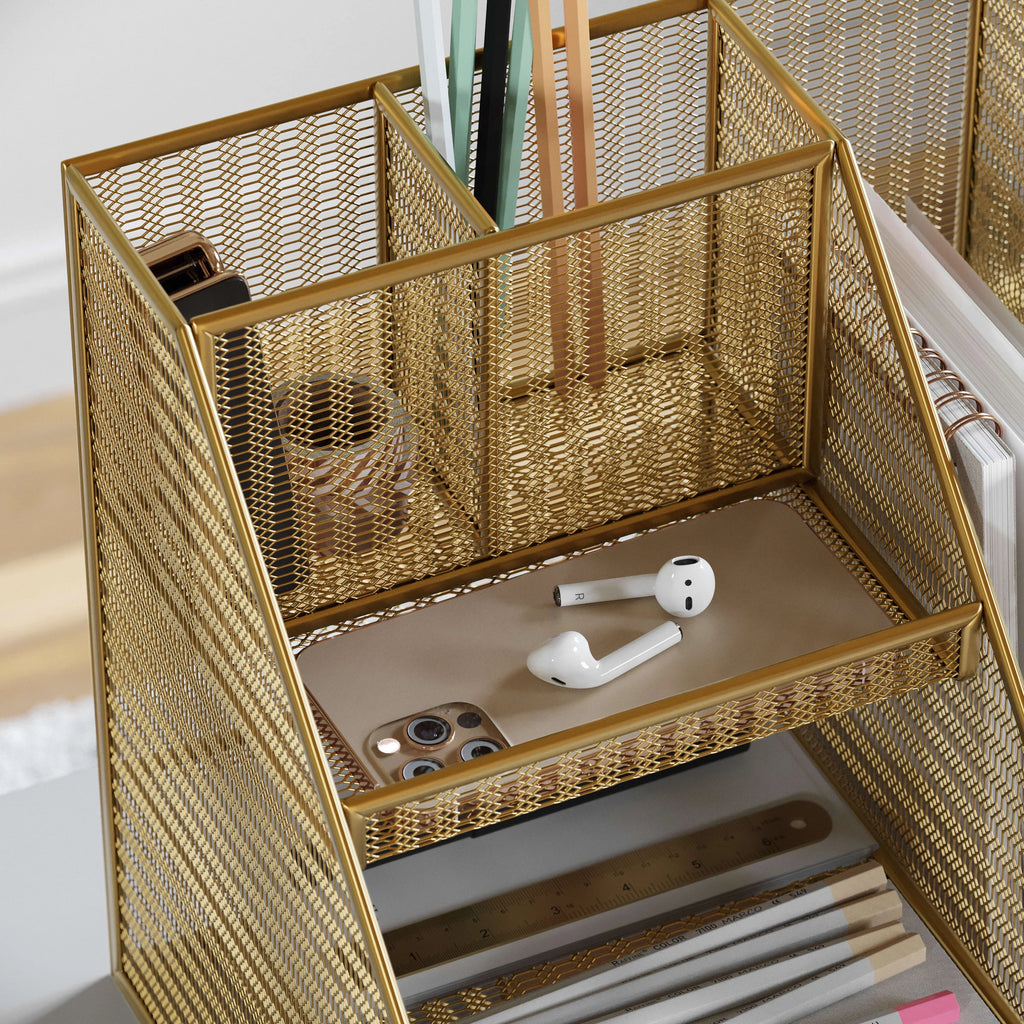Gold Mesh Metal Desktop Organizer with Magazine File Holder N5054