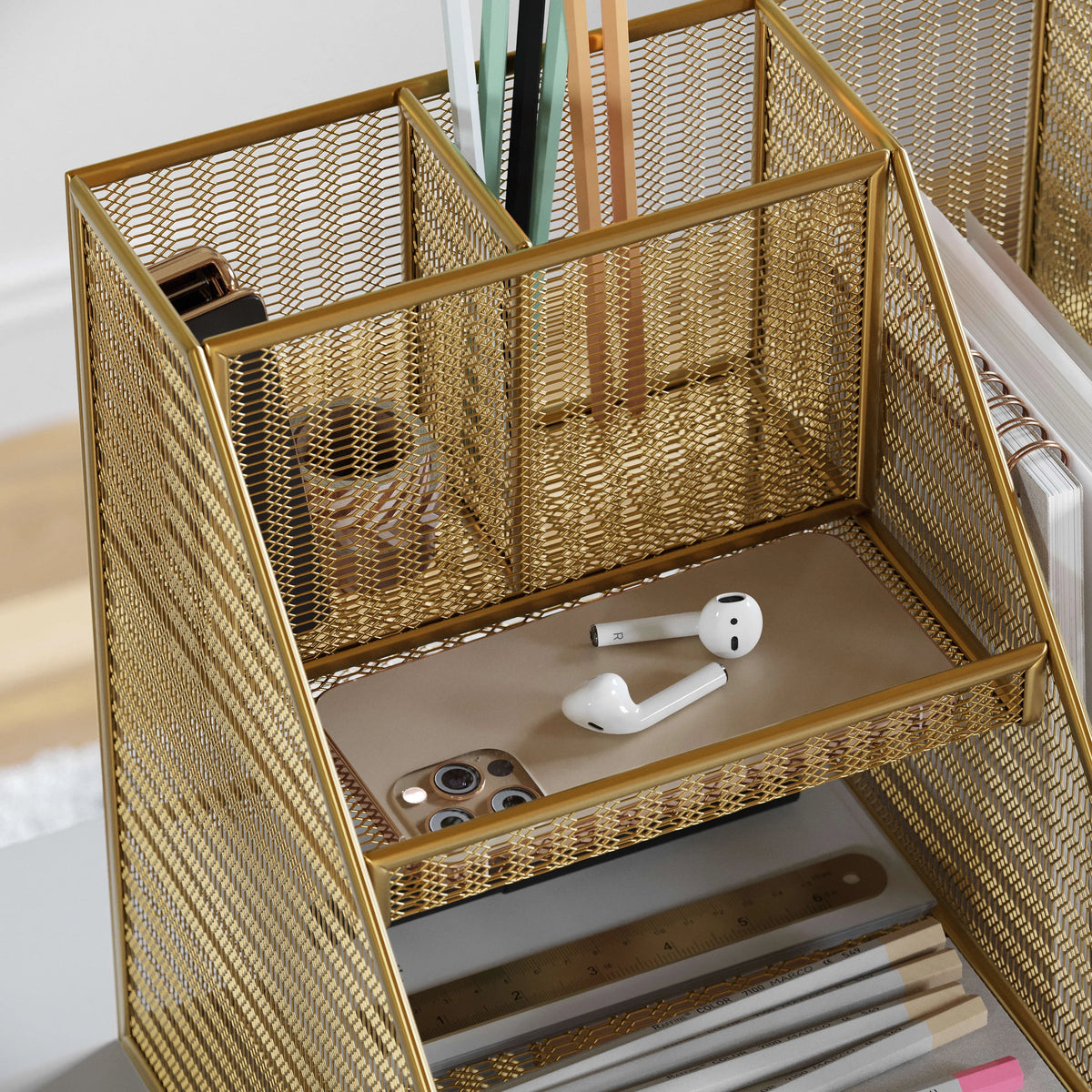 Gold Mesh Metal Desktop Organizer with Magazine File Holder N5054