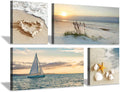 Sunset Canvas Art Seascape Painting with Sailboat Wall Art, 32'' x 16'' x 2 Panels + 16'' x 16'' x 2 Panels P14619