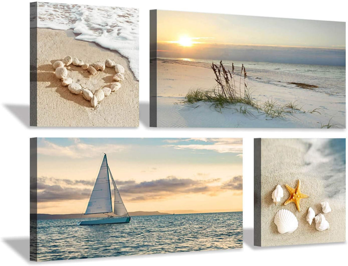 Sunset Canvas Art Seascape Painting with Sailboat Wall Art, 32'' x 16'' x 2 Panels + 16'' x 16'' x 2 Panels P14619