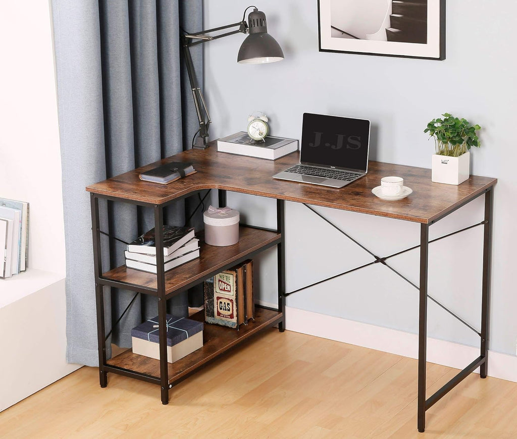 Rustic Brown L-Shaped Corner Computer Desk with Bookcase I750064
