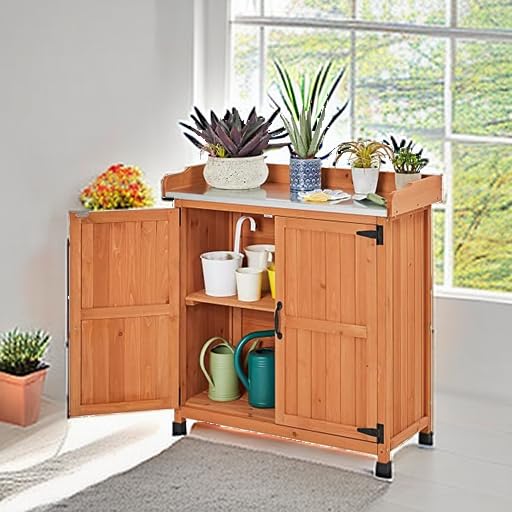 Brown Wooden Potting Bench Table with Removable Shelf H165