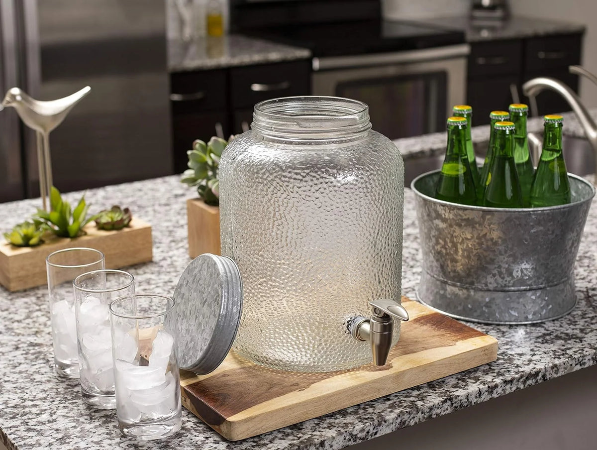 Pebbled Glass Beverage Dispenser With Galvanized Stand O607