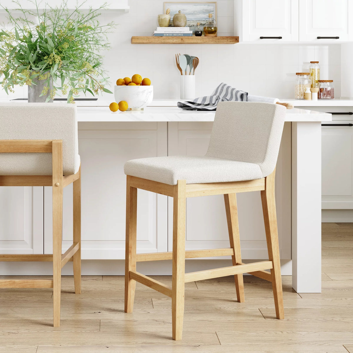 Counter Height Bar Stool with Back Upholstered Boucle Linen White Light Brown Q526