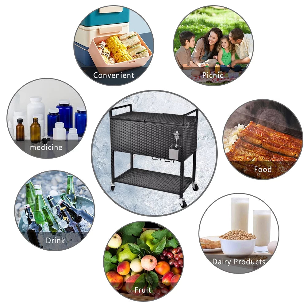 80 Quart Rattan Rolling Cooler Cart W1986