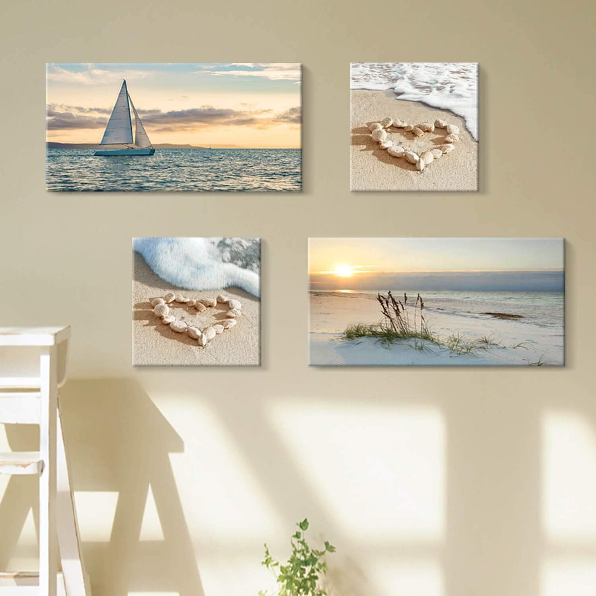 Sunset Canvas Art Seascape Painting with Sailboat Wall Art, 32'' x 16'' x 2 Panels + 16'' x 16'' x 2 Panels P14619